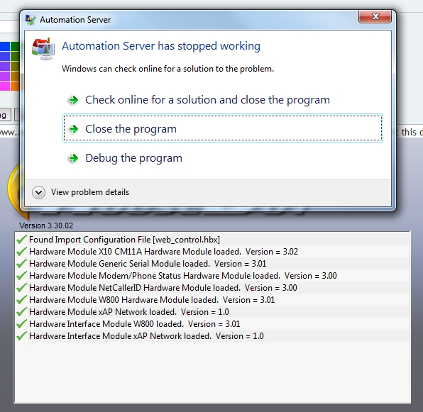 Point at which HB crashes after adding xAP hardware device